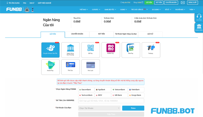 Tổng hợp các hình thức nạp tiền Fun88