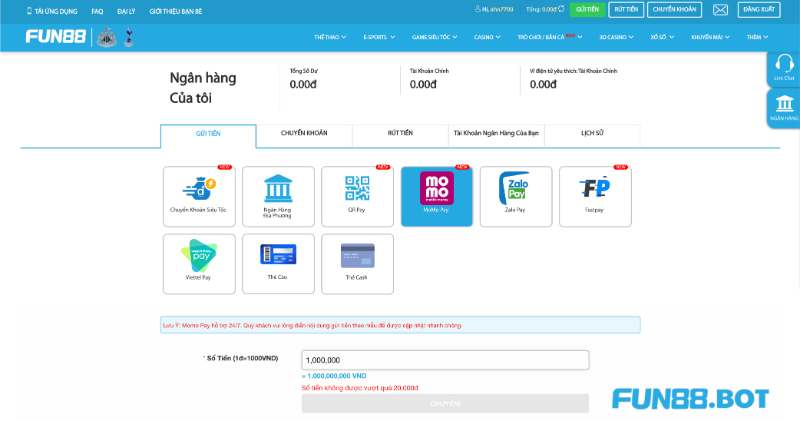 Gửi tiền Fun88 qua Momo, Zalo Pay, Viettel Pay