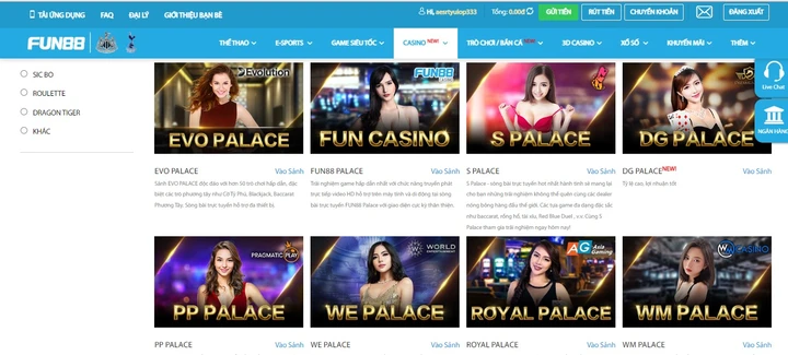 Tổng hợp sảnh cược Casino Fun88 chất lượng