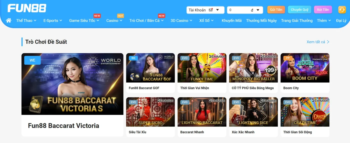 Các loại hình game casino trực tuyến tại Fun 88