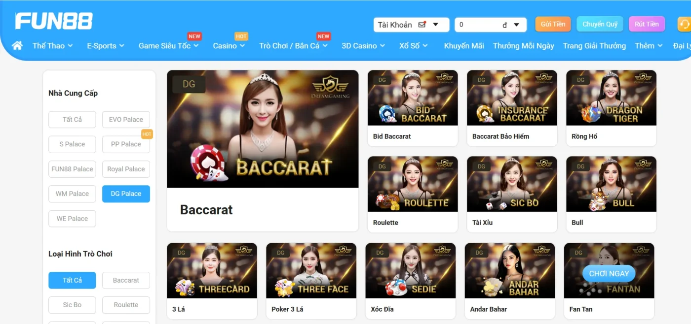 Các trò chơi hấp dẫn tại sảnh casino DG Palace