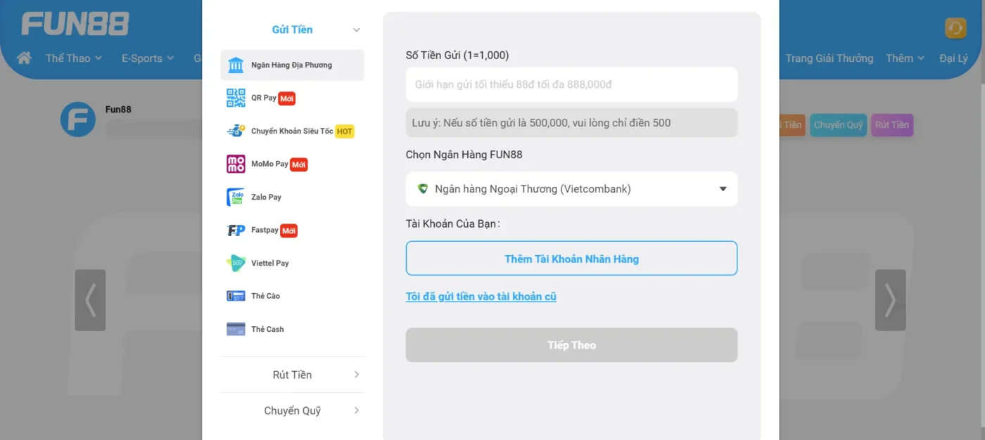 Các phương thức nạp tiền tại Fun 88