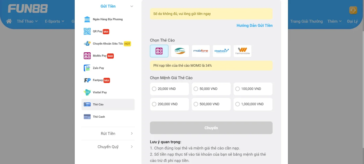 Các lỗi phổ biến khi nạp tiền tại Fun 88