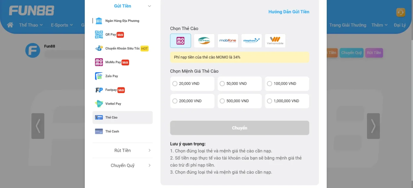 Quy định chung khi nạp tiền tại Fun 88