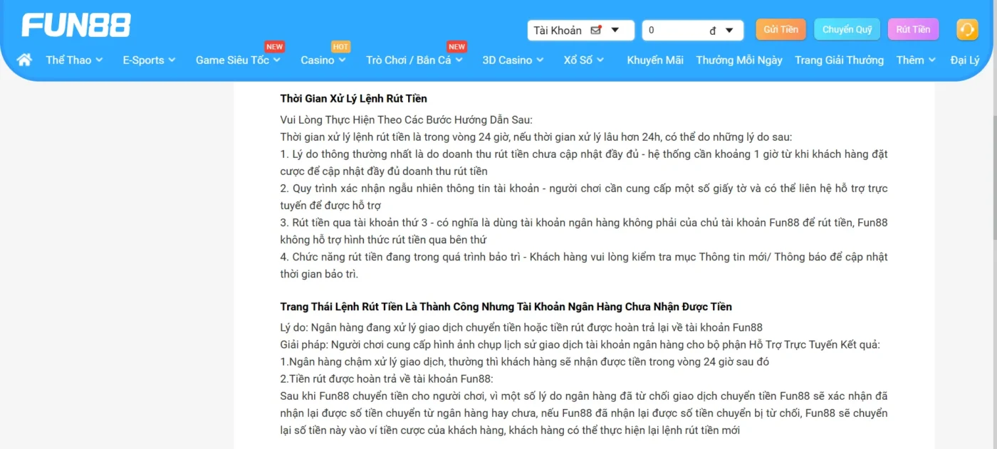 Một số lưu ý quan trọng khi nạp và rút tiền tại Fun88